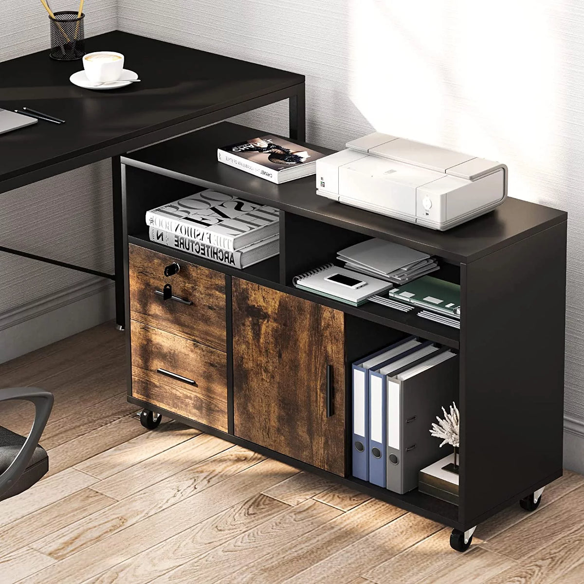 Wood 2 Drawer Mobile File Cabinet with Open Storage Shelves S5031