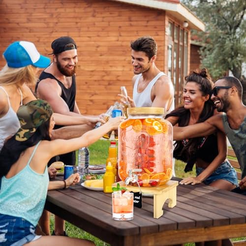 2 Gallon Glass Beverage Dispenser with Wood Stand and Stainless Steel Spigot T9757
