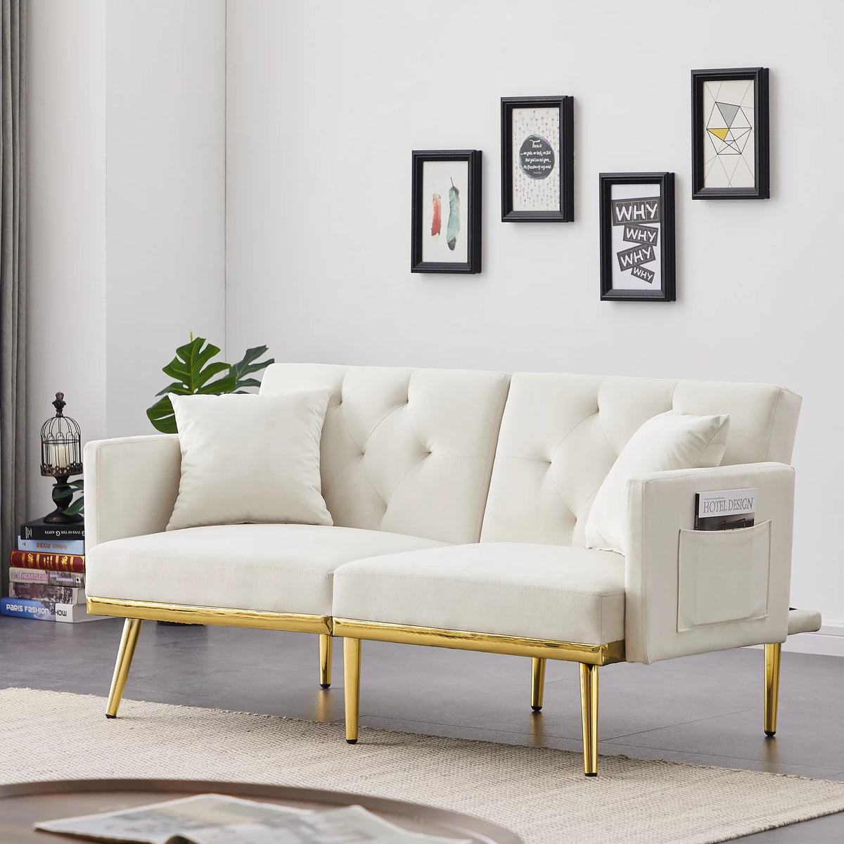 White Velvet Futon Sofa Bed with Gold Metal Legs K72343