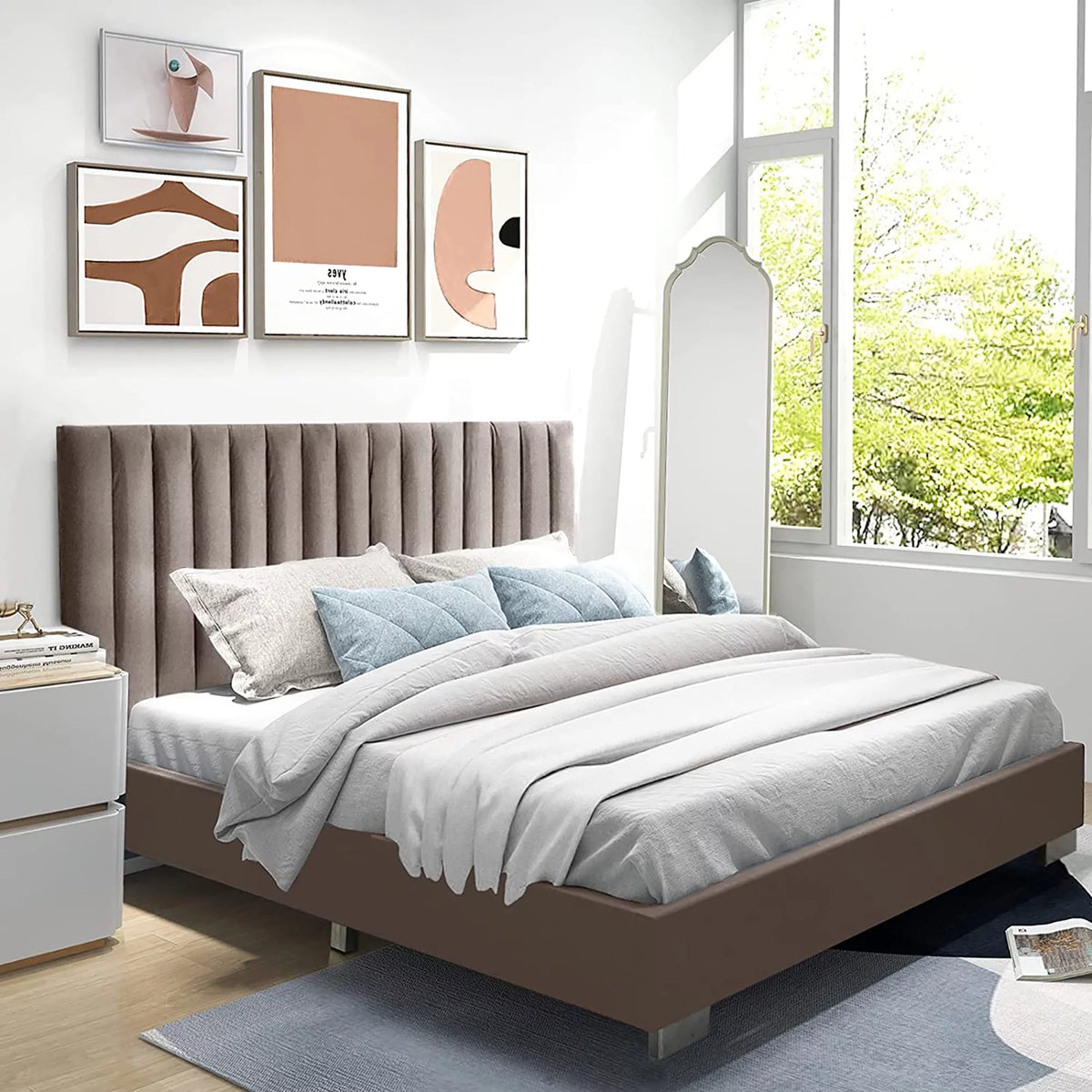 Navy Upholstered Full Size Platform Bed Frame Y9478