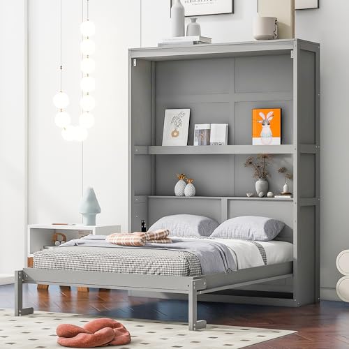 Full Size Murphy Bed with Storage Shelves Gray G772481
