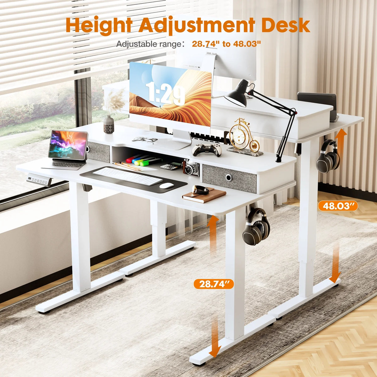 Height Adjustable Electric Standing Desk with Storage Shelf Double Drawer U2824