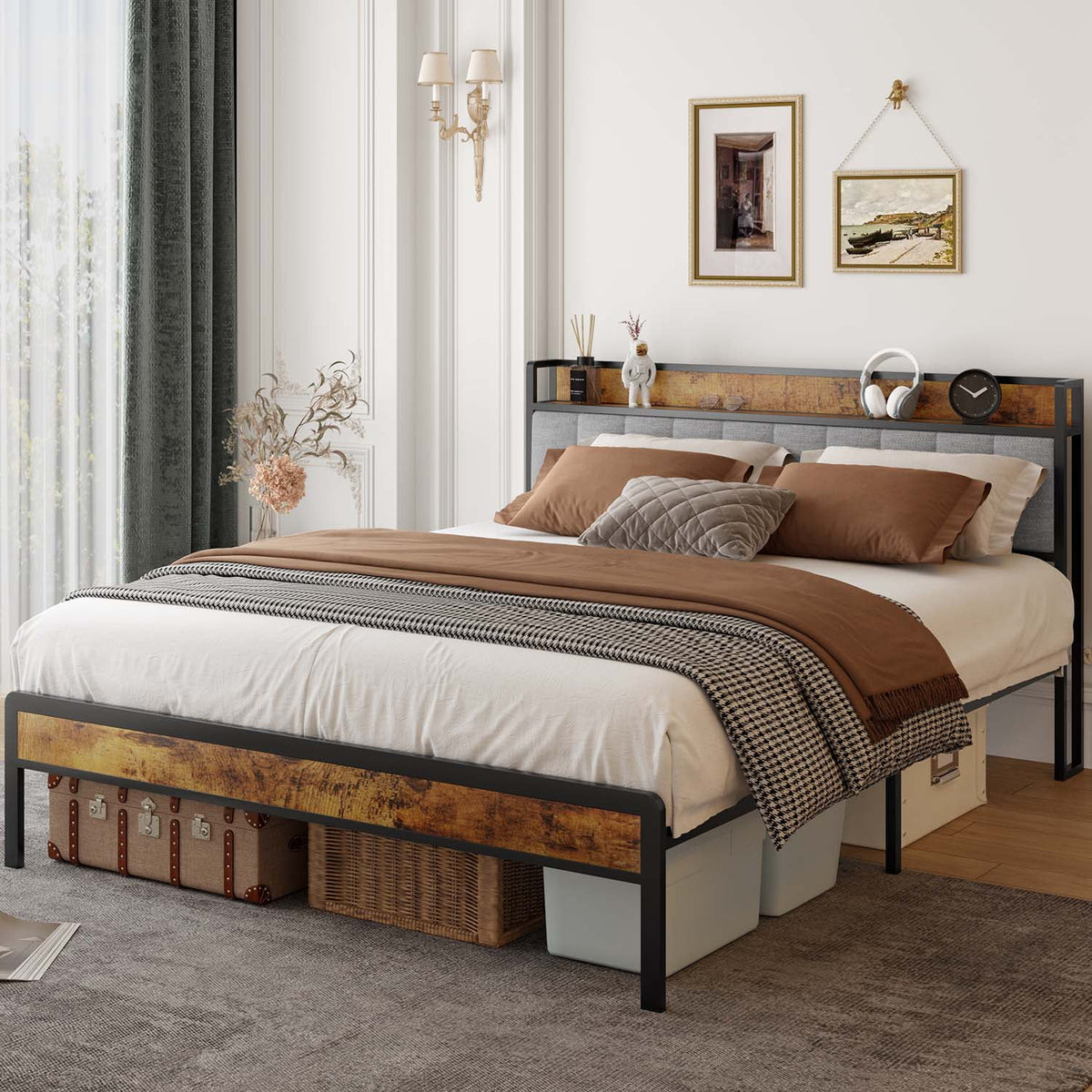 Queen Bed Frame with Storage Headboard, Dark Grey O193158