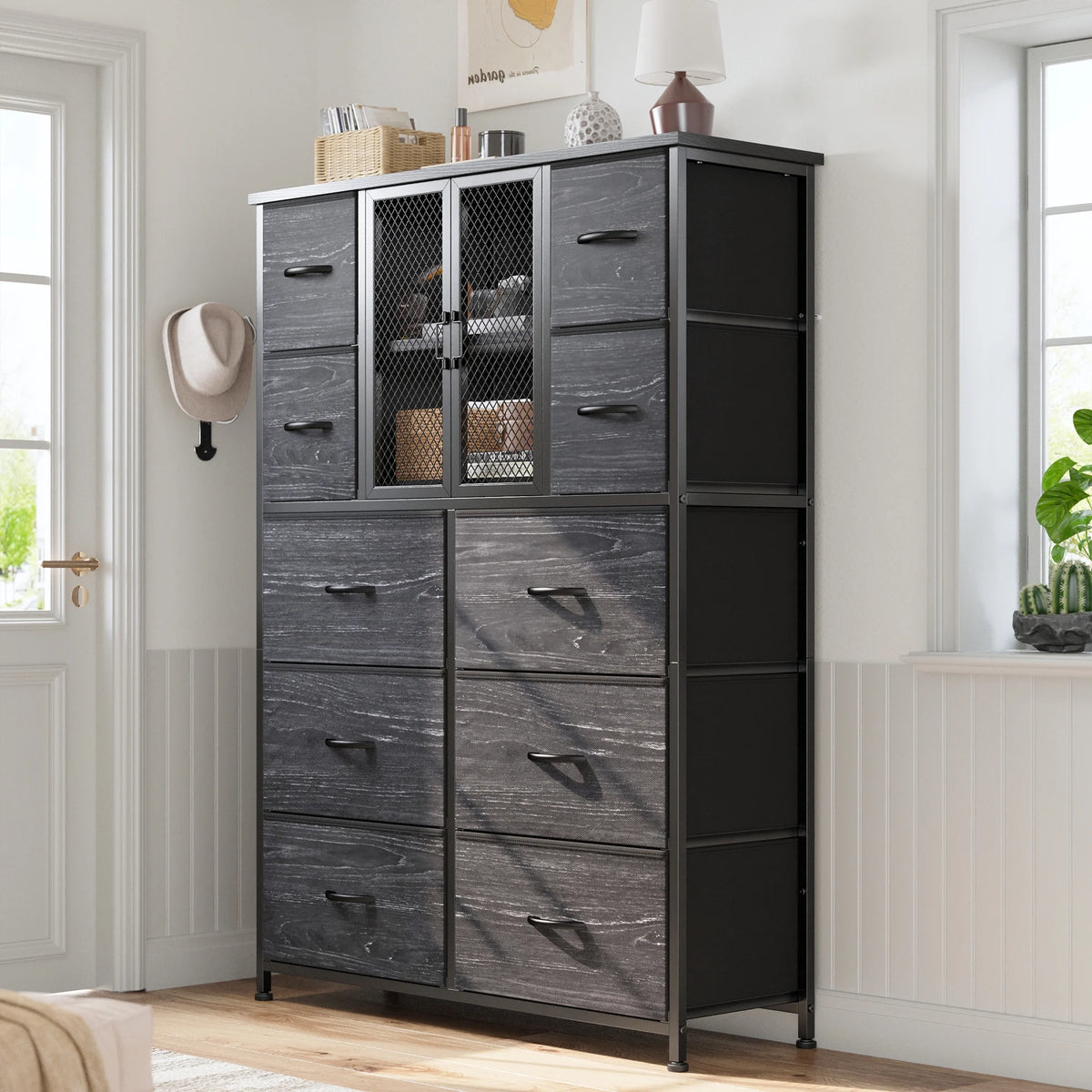 Black 10 Drawer Fabric Dresser with Cabinet W526503