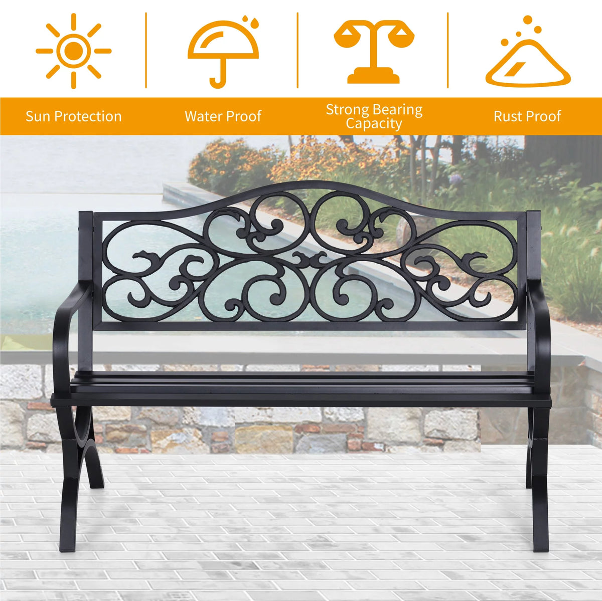 50" Outdoor Iron Cast Garden Park Bench - Black Q969