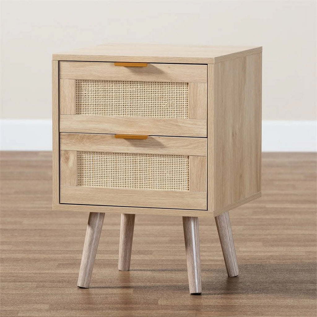 Light Oak Brown Wood and Rattan 2-Drawer Nightstand B6947