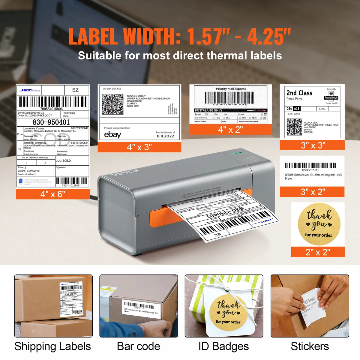 Thermal Label Printer, 203DPI USB Connection, Gray D614
