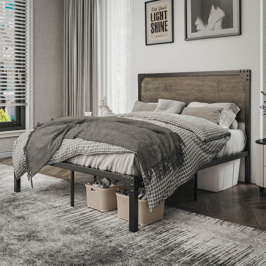 Queen Size Brown Metal Platform Bed Frame with Wooden Headboard J32633