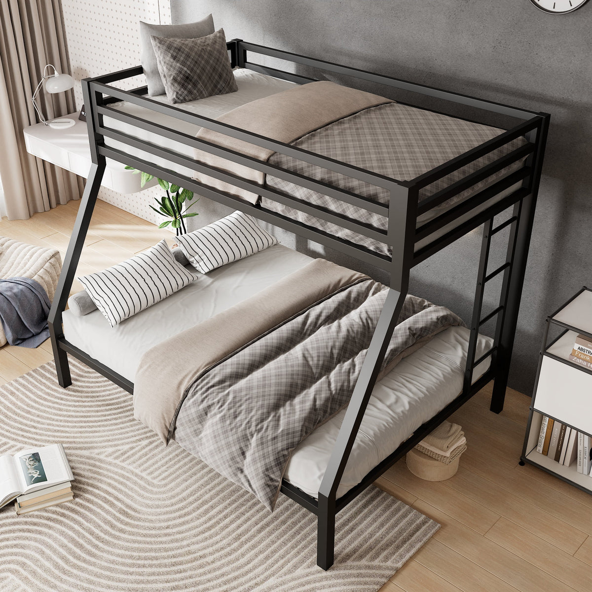 Black Twin Over Full Metal Bunk Bed with Removable Stairs Y7089