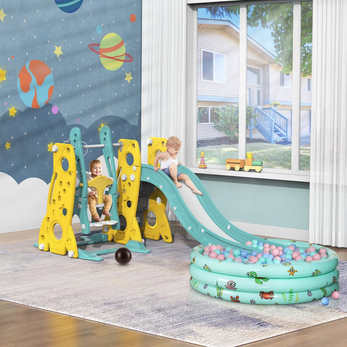 6 in 1 Toddler Slide and Swing Set with Basketball Hoop D531856