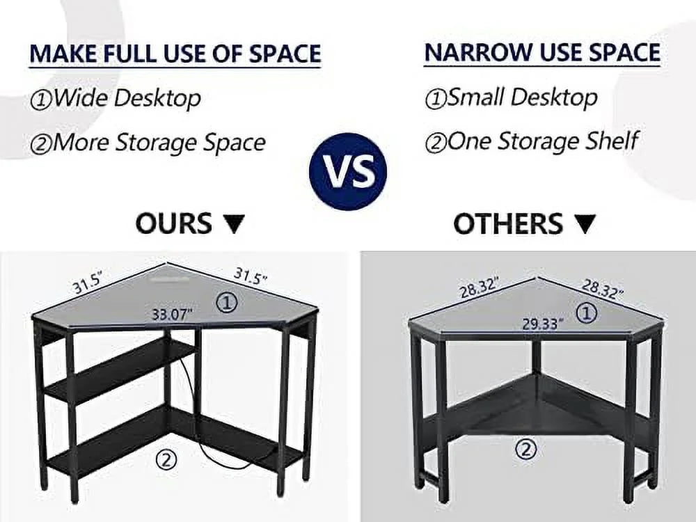 Black Corner Desk with Outlets USB Ports Shelves Q470