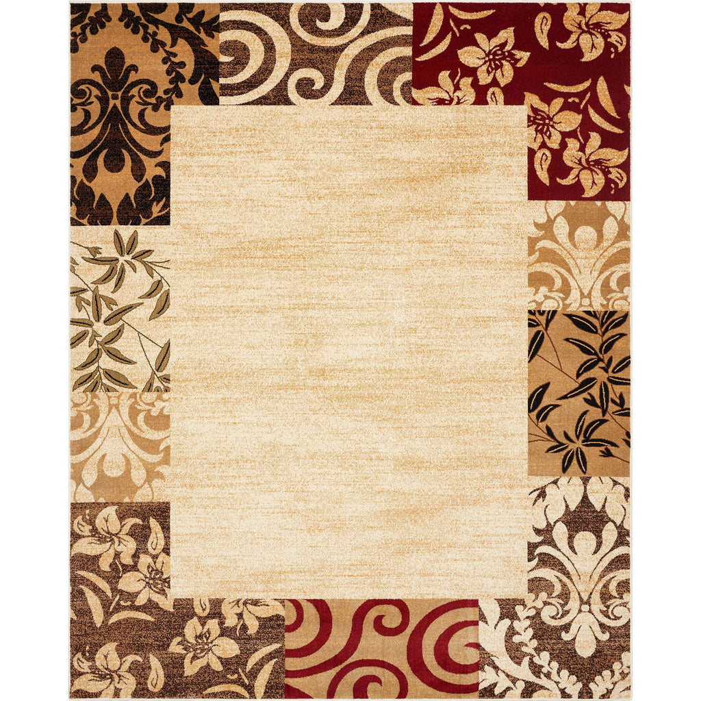 Modern Damask Border Rug Easy Clean Stain Fade Resistant D40415
