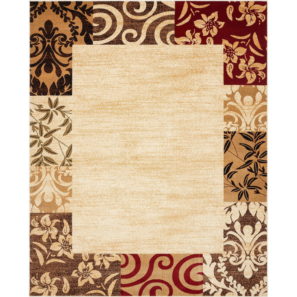Modern Damask Border Rug Easy Clean Stain Fade Resistant D40415