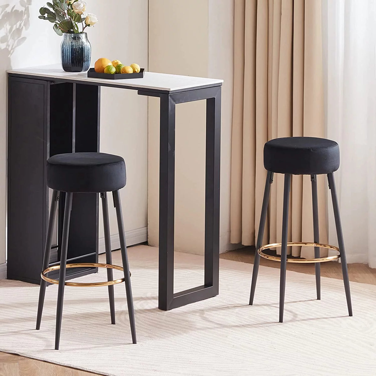 30" Round Velvet Bar Stool Set of 2 Black E98237