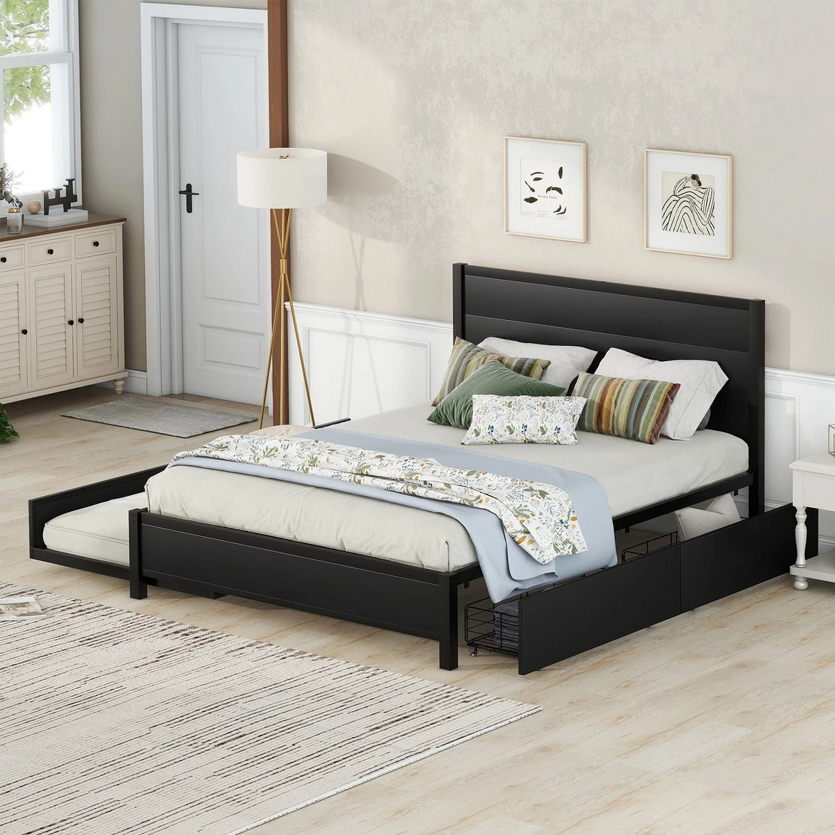 Queen Metal Wood Platform Bed with Trundle and 2 Drawers V834