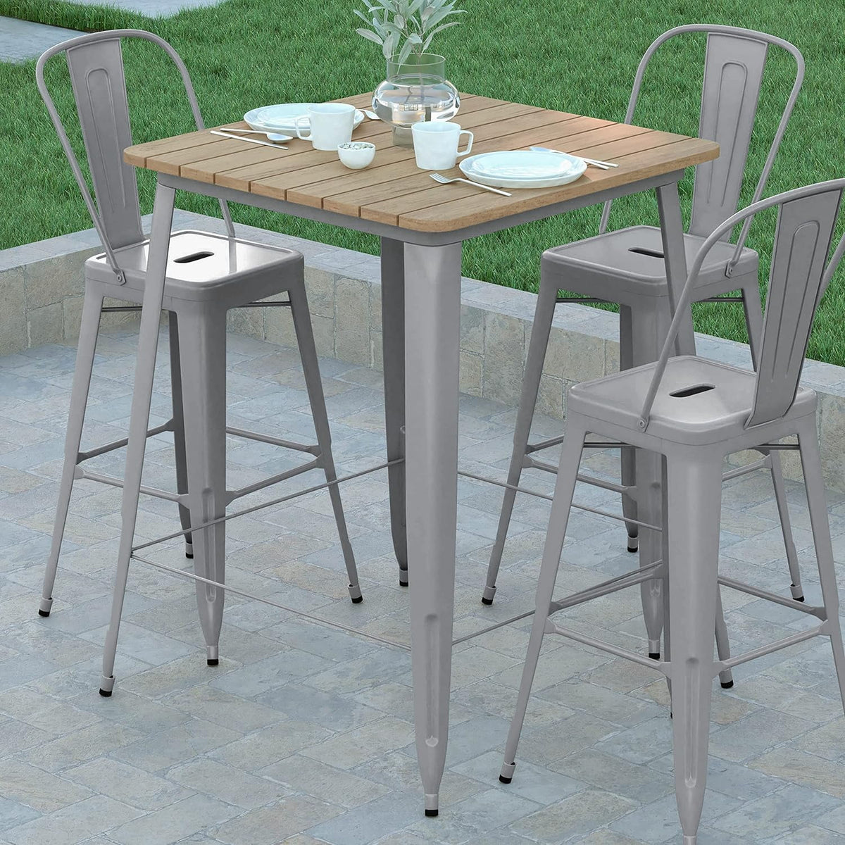 Indoor/Outdoor Bar Top Table Brown Resin Silver Steel M867040