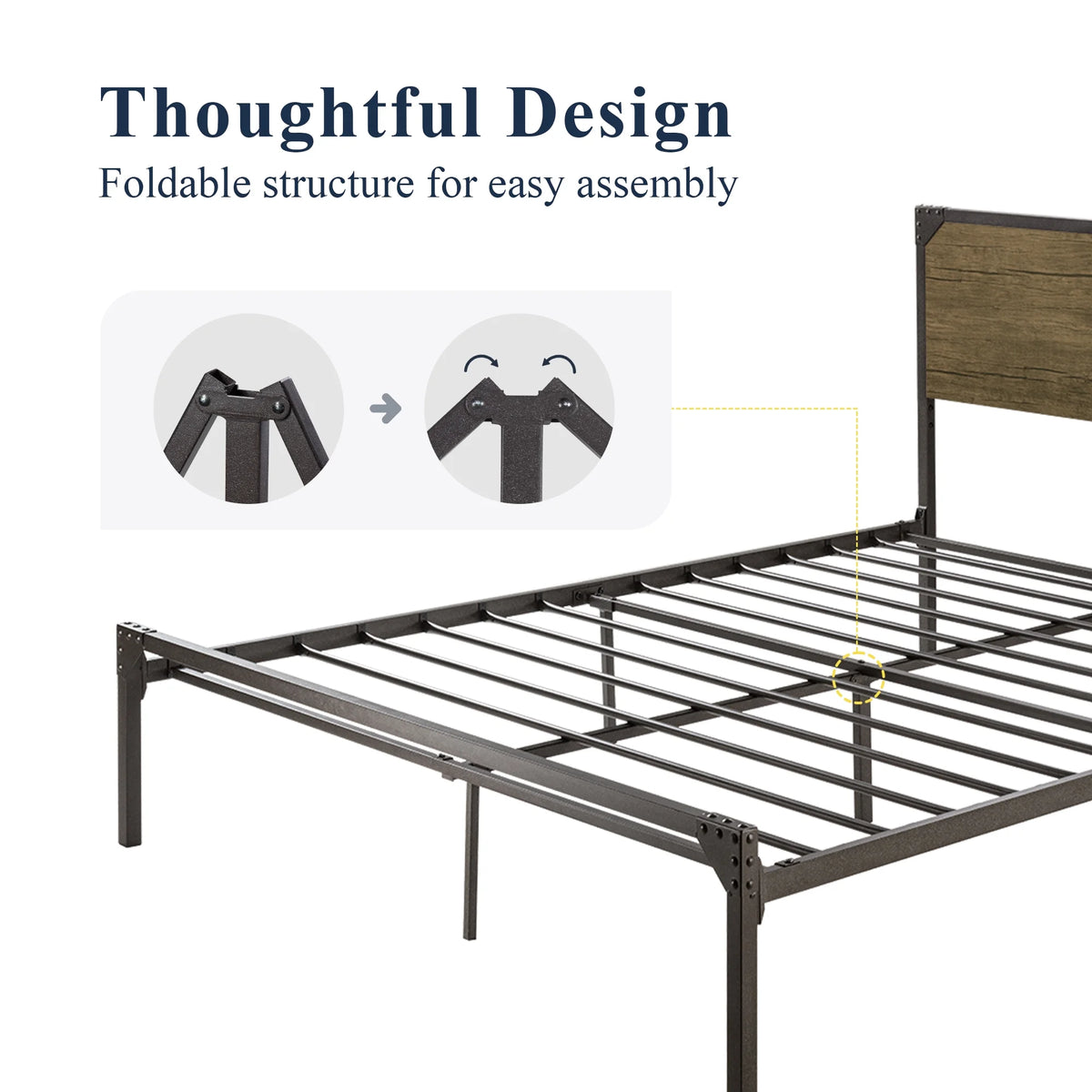 Queen Size Brown Metal Platform Bed Frame with Wooden Headboard J32633