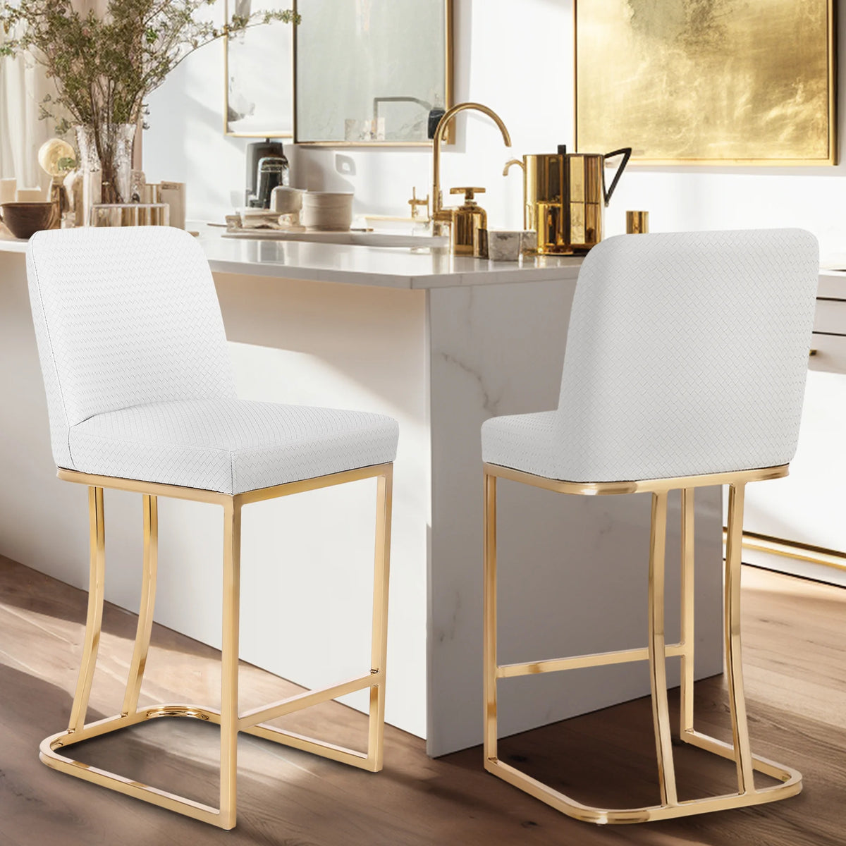 White & Gold 24 inch Bar Stools with Back Set of 2 T86501
