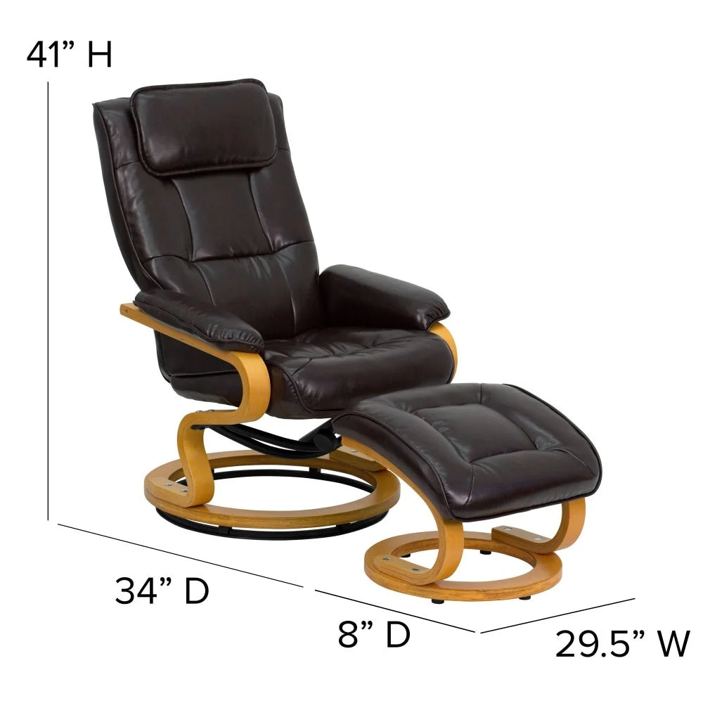 Brown Pushback Recliner and Ottoman with Swivel Wood Base D98378