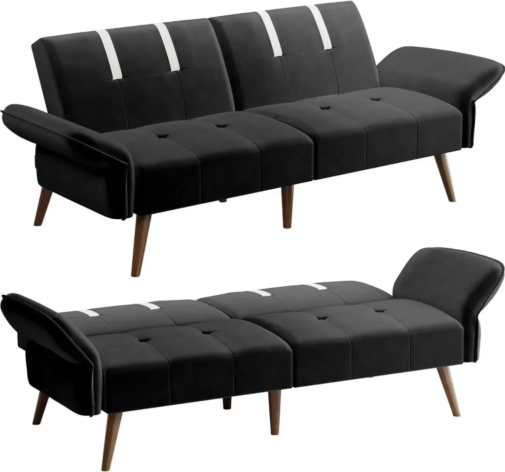 Black Velvet Sofa Bed with Adjustable Armrests C8082