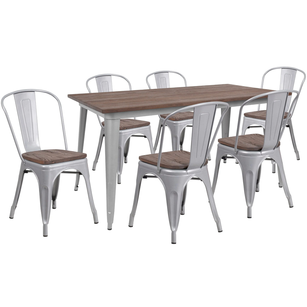 Metal Table Set with Wood Top and 6 Stack Chairs Black B2324
