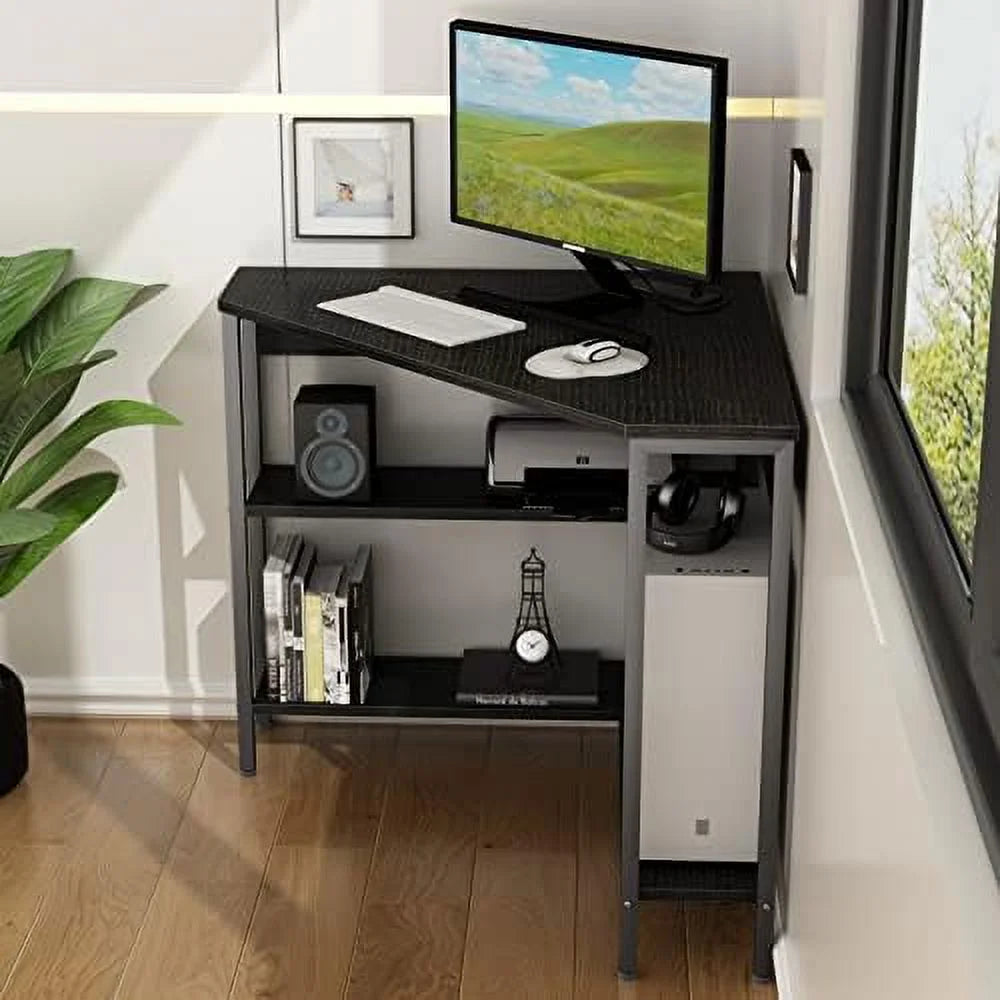 Black Corner Desk with Outlets USB Ports Shelves Q470
