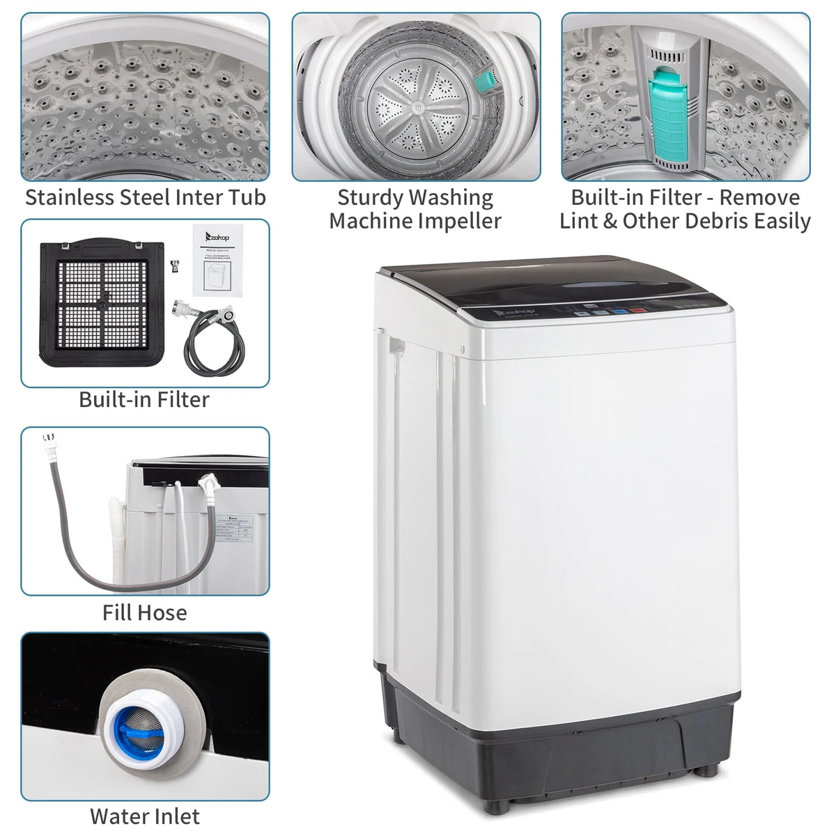 Full Automatic Washing Machine with Drain Pump, White And Black D439