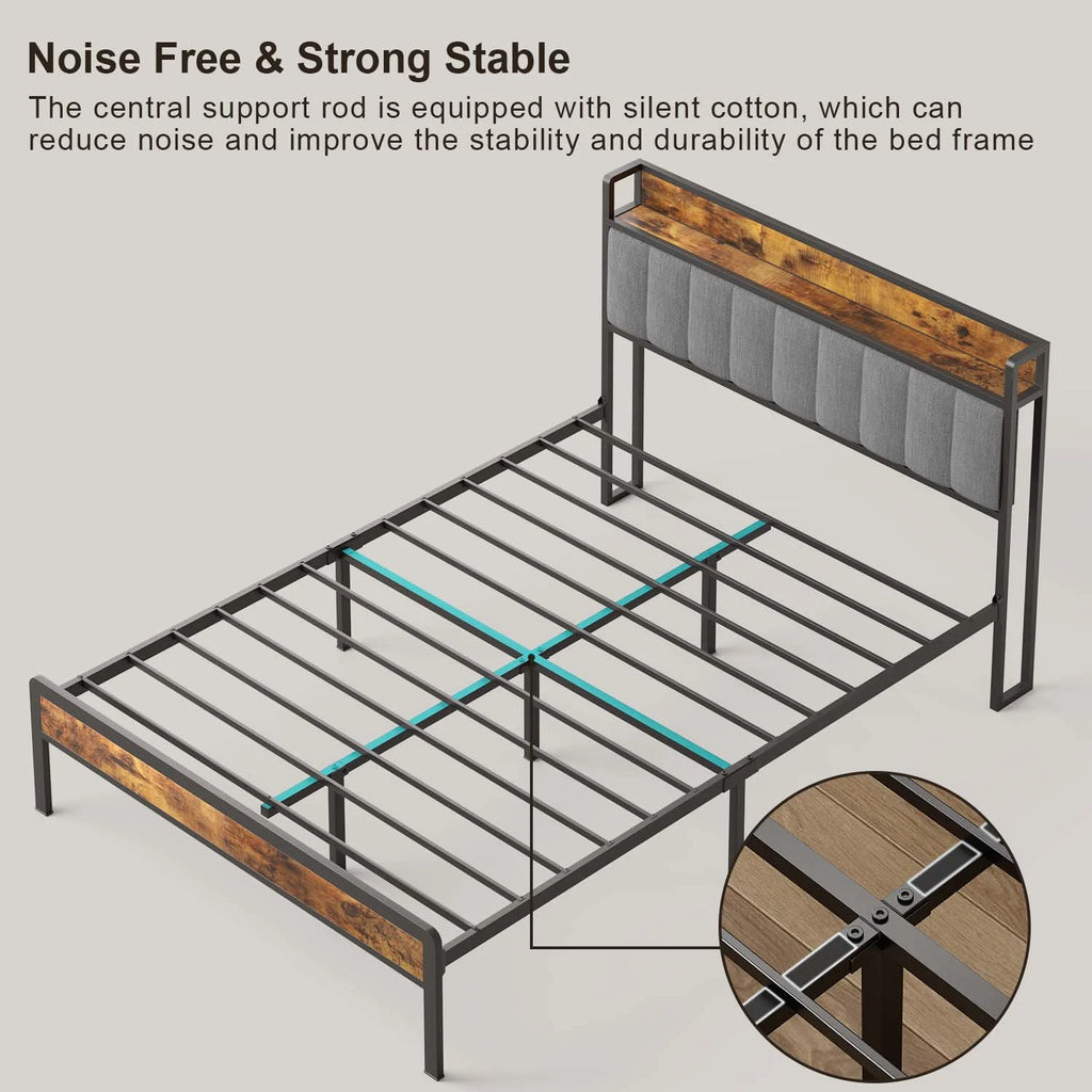 Queen Bed Frame with Storage Headboard, Dark Grey O193158