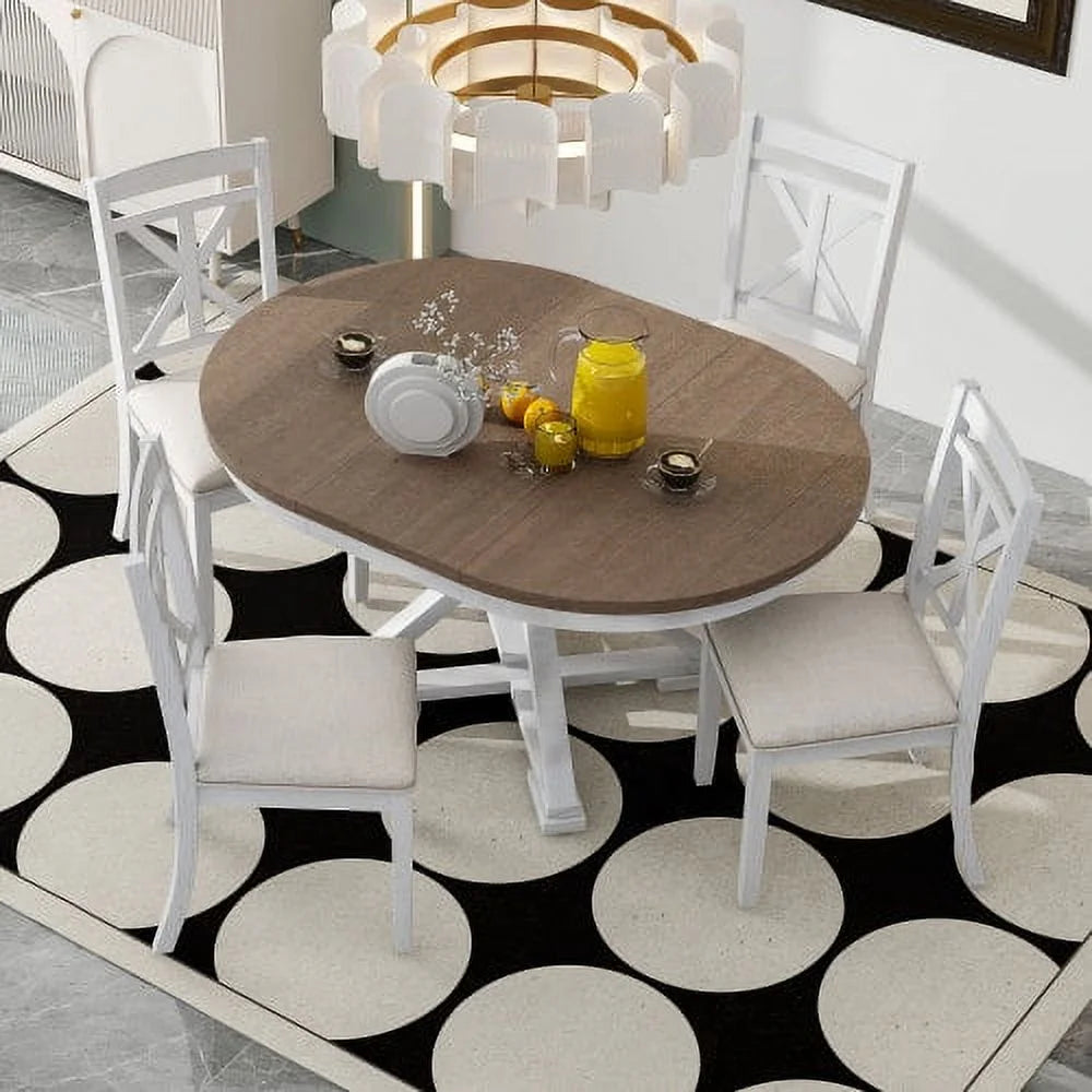 5-Piece Extendable Round Dining Table Set with 4 Upholstered Chairs D30789