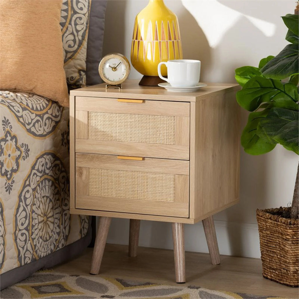 Light Oak Brown Wood and Rattan 2-Drawer Nightstand B6947