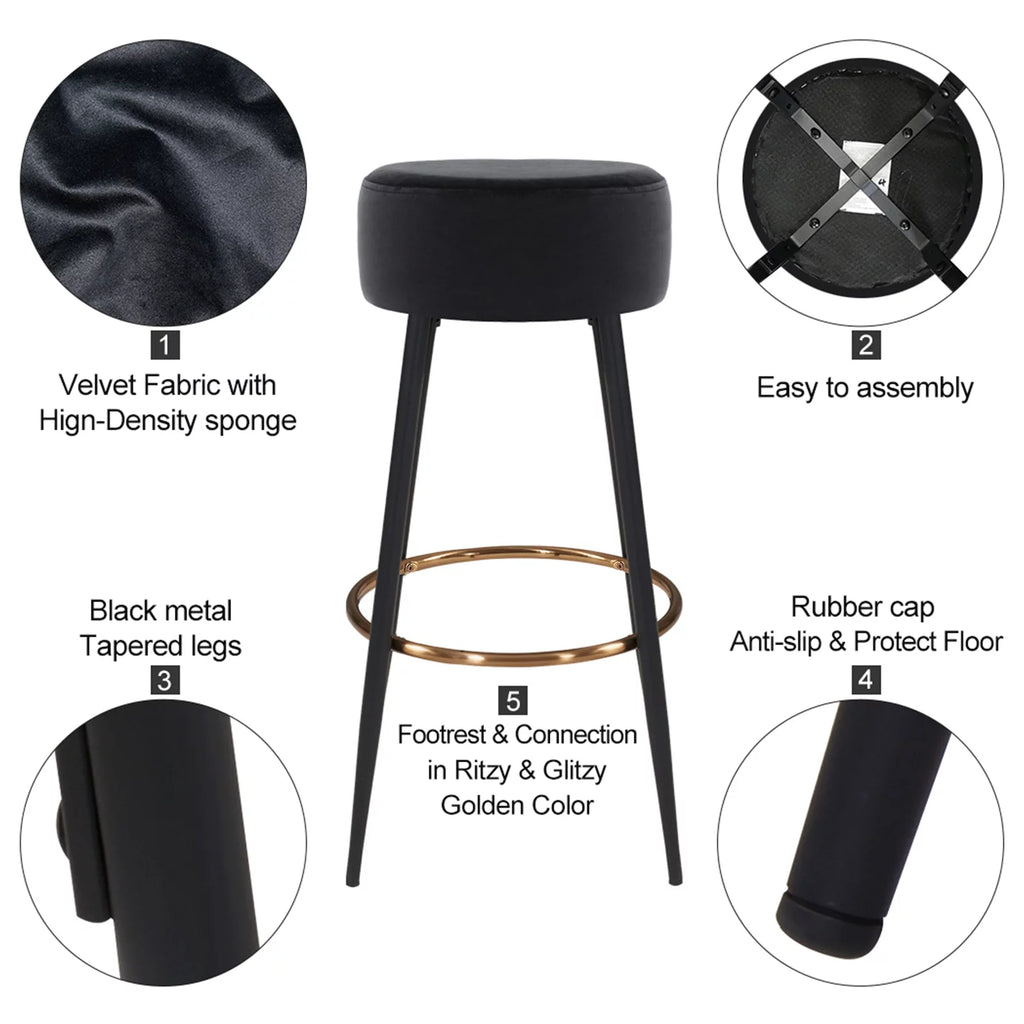 30" Round Velvet Bar Stool Set of 2 Black E98237