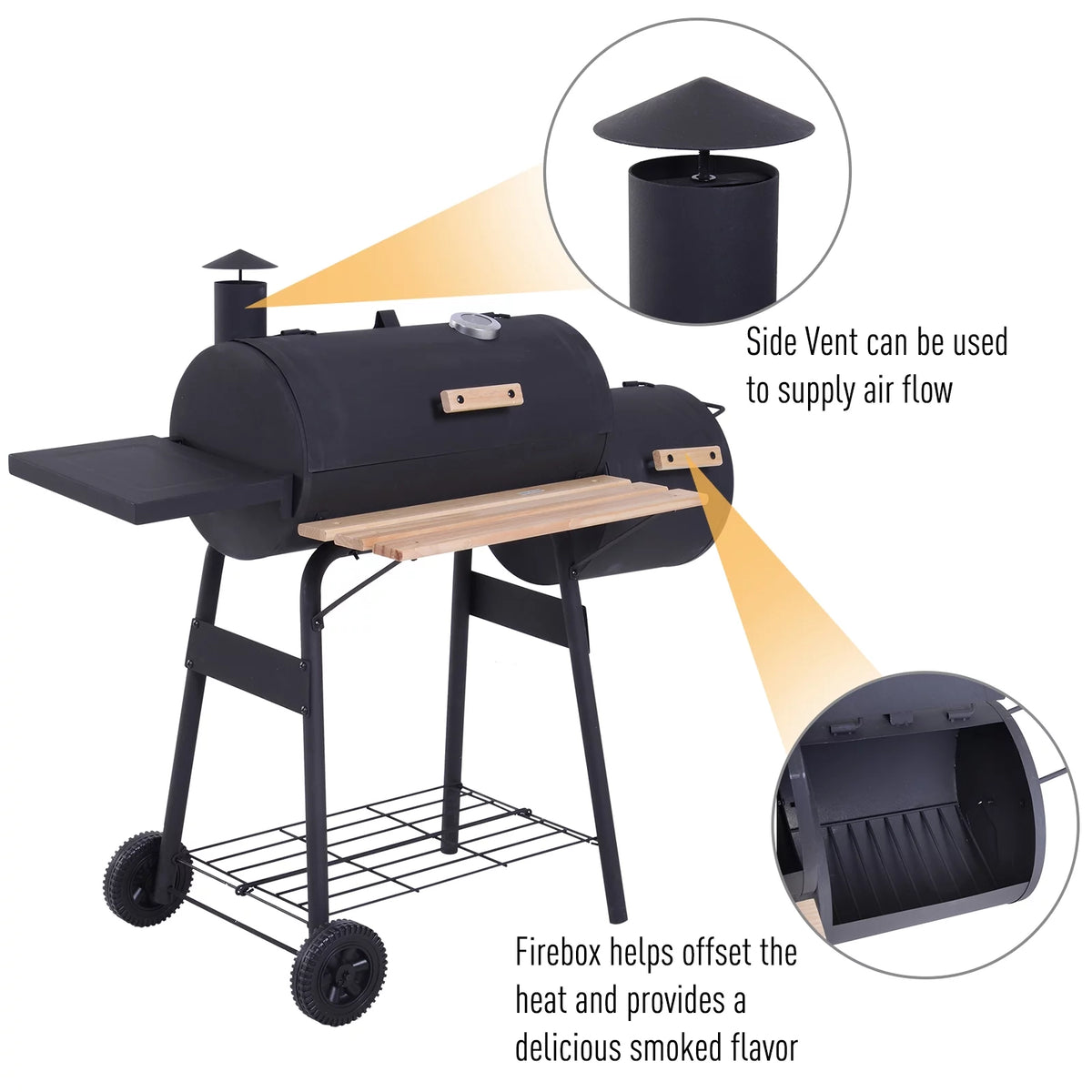 48" Steel Portable Charcoal BBQ Grill and Offset Smoker Combo with Wheels X9570