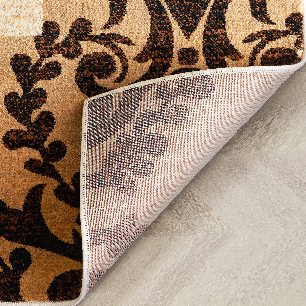 Modern Damask Border Rug Easy Clean Stain Fade Resistant D40415