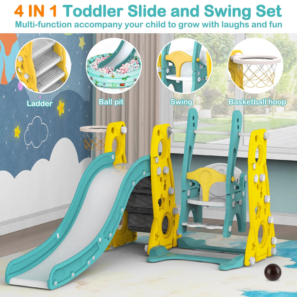 6 in 1 Toddler Slide and Swing Set with Basketball Hoop D531856