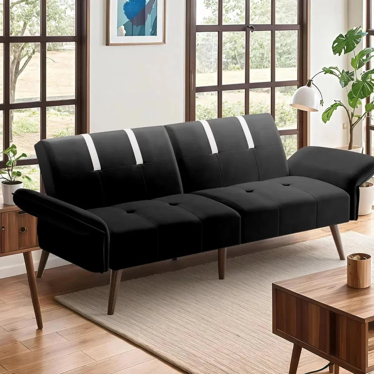 Black Velvet Sofa Bed with Adjustable Armrests C8082