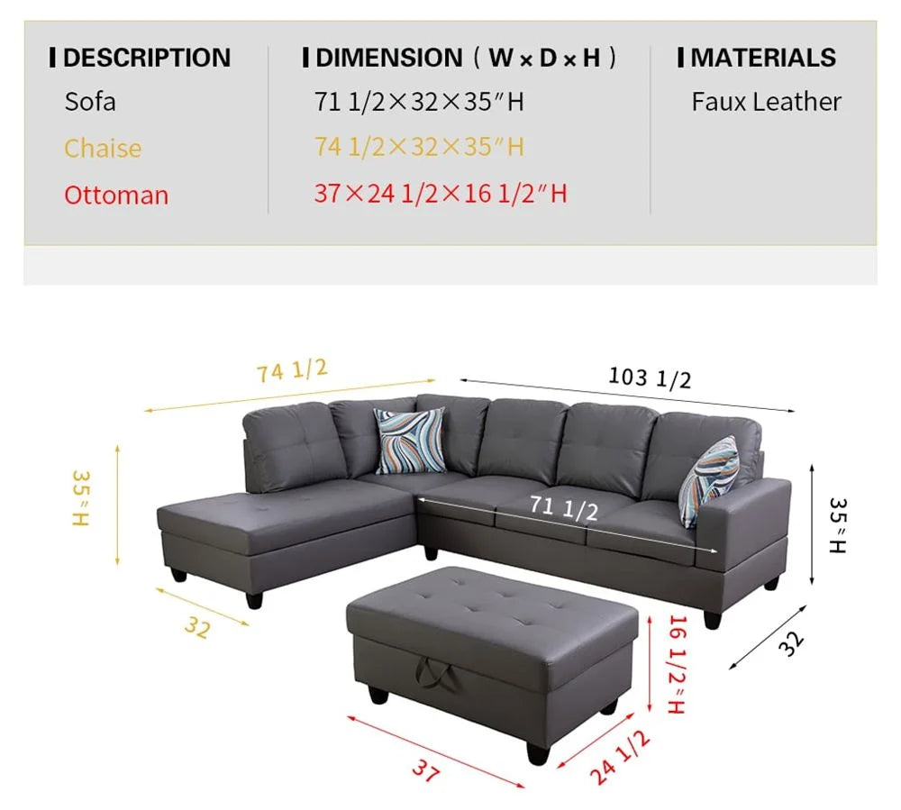 Dark Grey Faux Leather Sectional with Ottoman I822