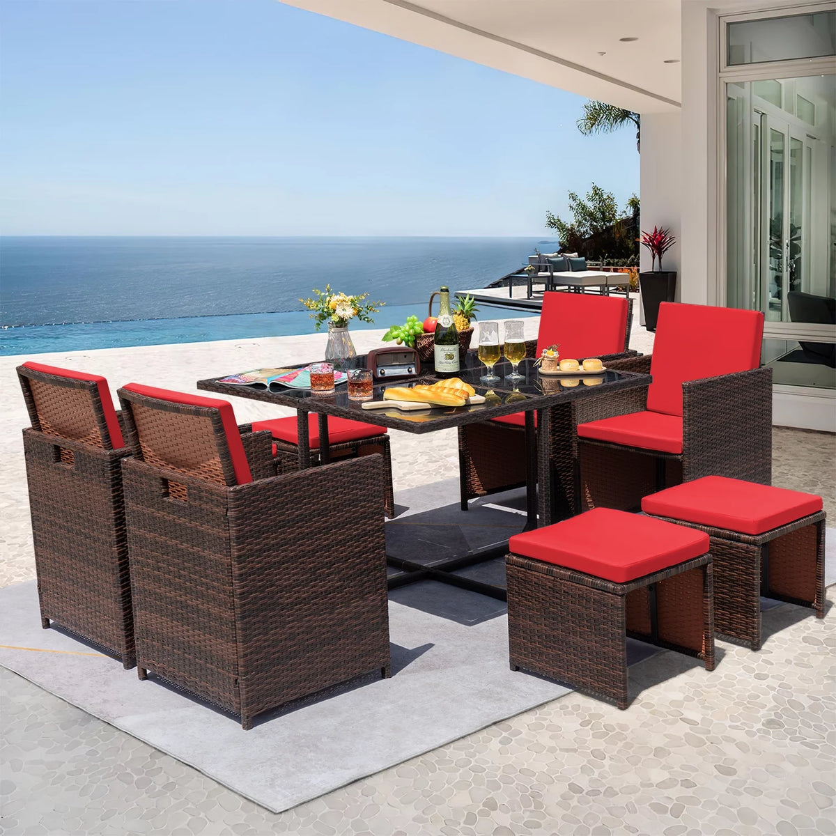 9 Pieces Outdoor Dining Set Wicker Chairs with Glass Table F758