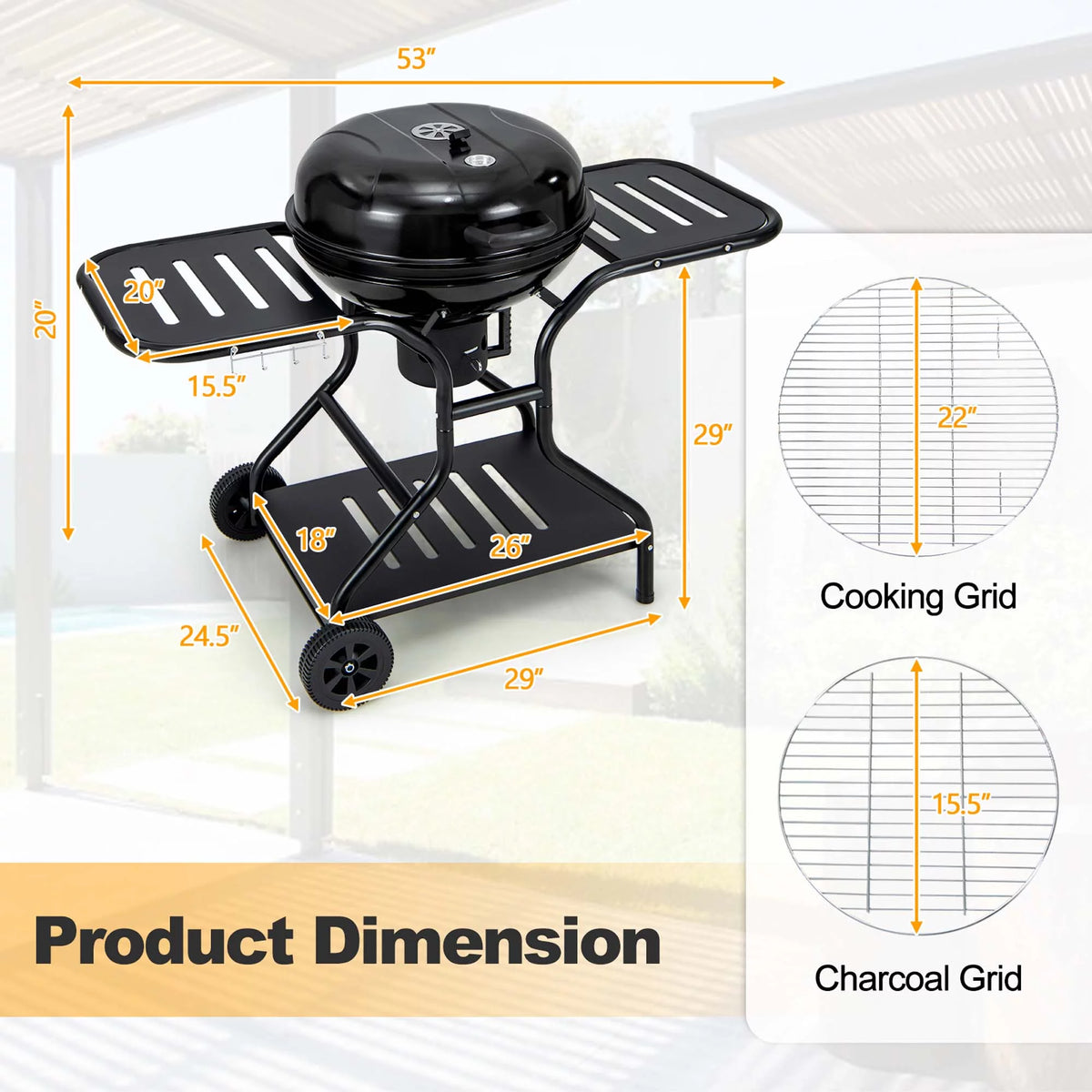 22 inch Charcoal BBQ Grill with Thermometer B540