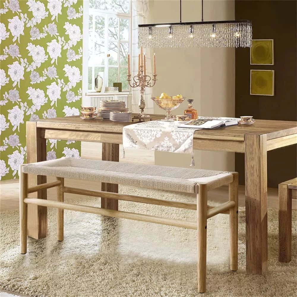 Wood Entryway Bench with Weave Rope Top W784398