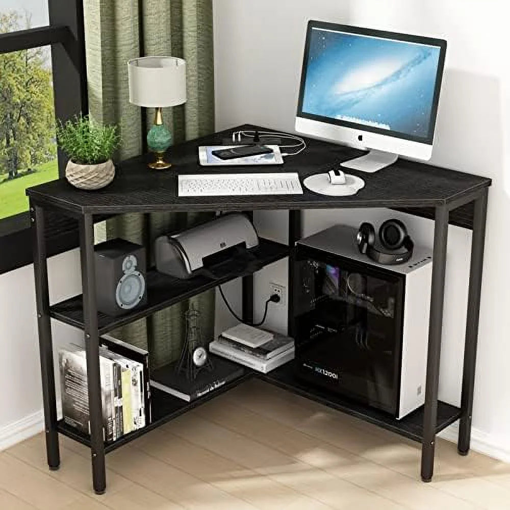 Black Corner Desk with Outlets USB Ports Shelves Q470