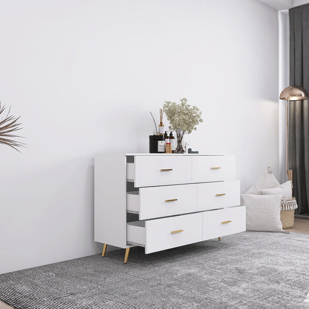 White 6 Drawer Chest of Drawer with Golden Handle and Golden Steel Legs A5756