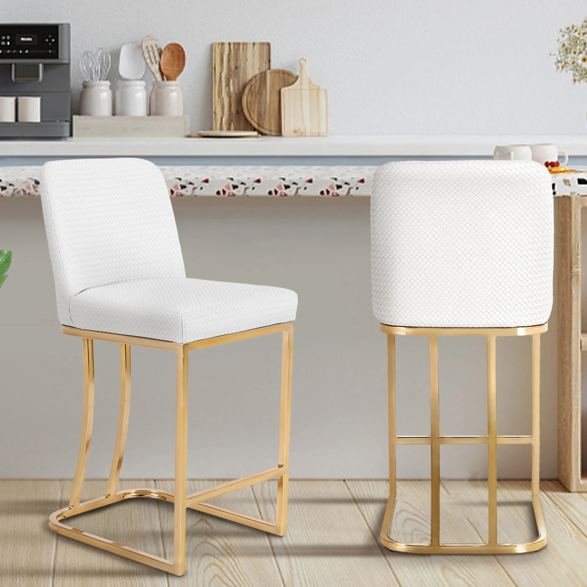White & Gold 24 inch Bar Stools with Back Set of 2 T86501