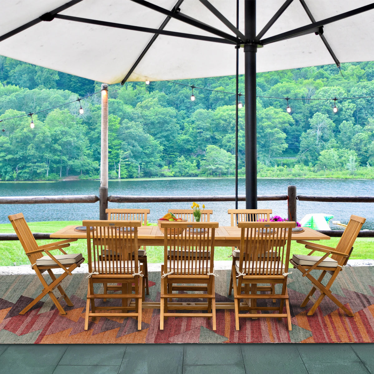 9 Piece Teak Wood Patio Dining Set with Extension Table and Folding Chairs C9750