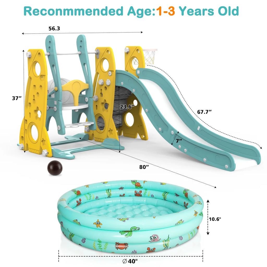 6 in 1 Toddler Slide and Swing Set with Basketball Hoop D531856