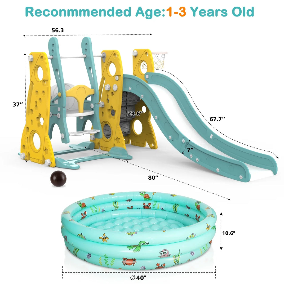 6 in 1 Toddler Slide and Swing Set with Basketball Hoop D531856