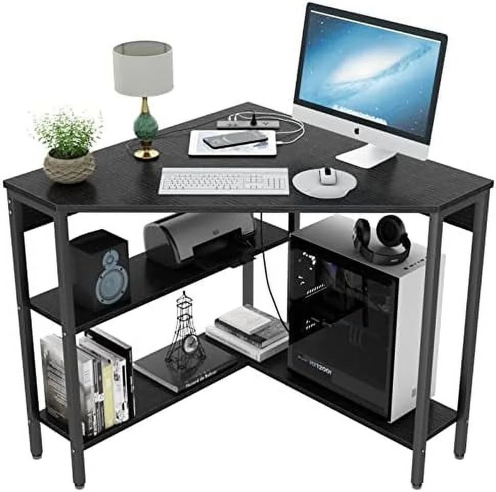 Black Corner Desk with Outlets USB Ports Shelves Q470