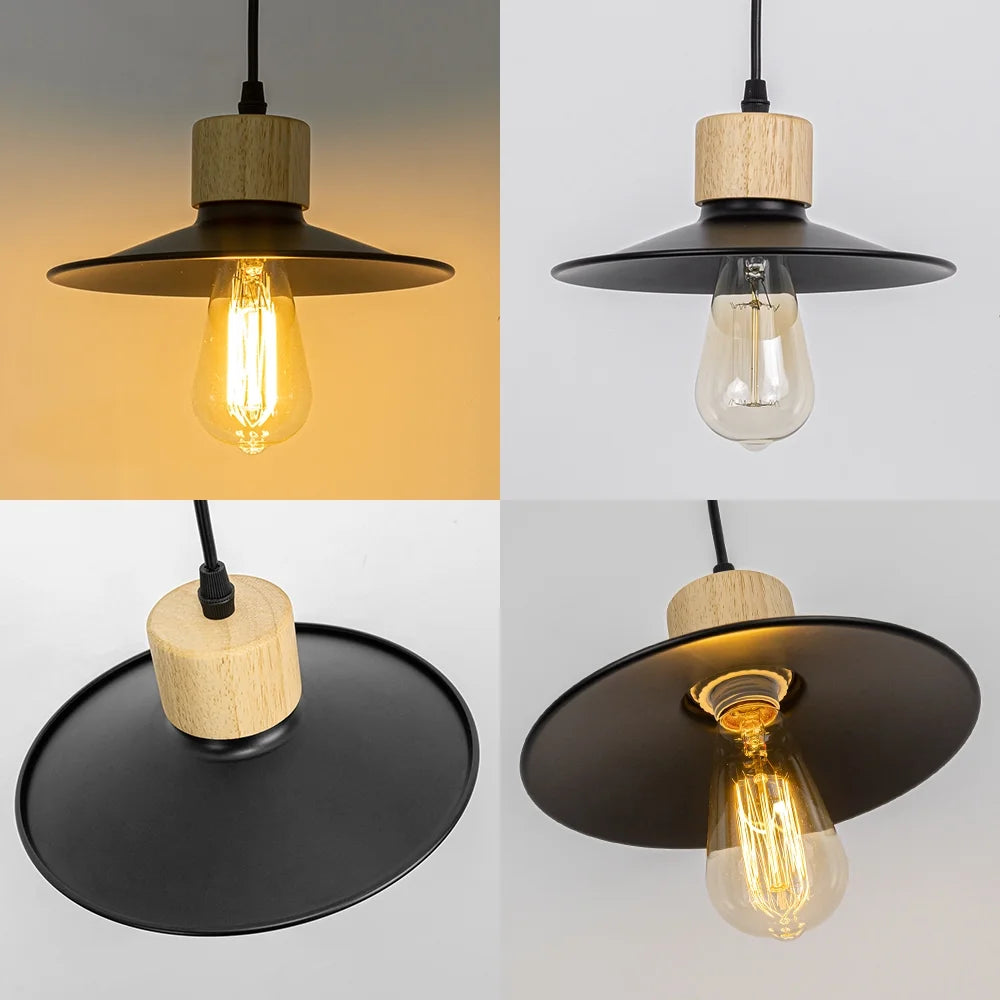 Wood Base Black Metal Shade Track Pendant Light U574